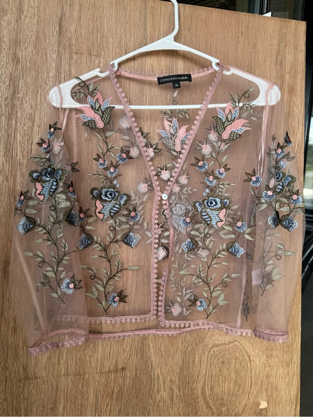 Y2K Sheer Pink Floral Embroidered Button-Front Blouse